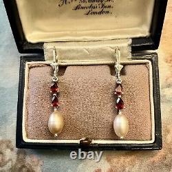 Grenat, Beautiful Pink Pearl, Massive Silver, Long Old Earrings