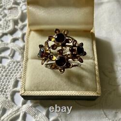 Harem Old Large Ring Silver Flowers Massif, Vermeil, Grenats