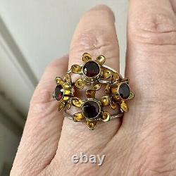 Harem Old Large Ring Silver Flowers Massif, Vermeil, Grenats