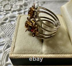 Harem Old Large Ring Silver Flowers Massif, Vermeil, Grenats