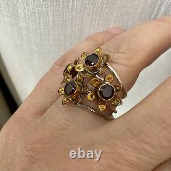 Harem Old Large Ring Silver Flowers Massif, Vermeil, Grenats