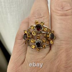 Harem Old Large Ring Silver Flowers Massif, Vermeil, Grenats