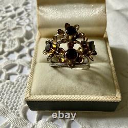 Harem Old Large Ring Silver Flowers Massif, Vermeil, Grenats