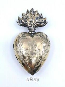 Heart Of Mary Ancient Silver Massive Gilt Reliquary Pendant Ex Voto Nineteenth