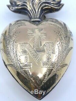 Heart Of Mary Ancient Silver Massive Gilt Reliquary Pendant Ex Voto Nineteenth