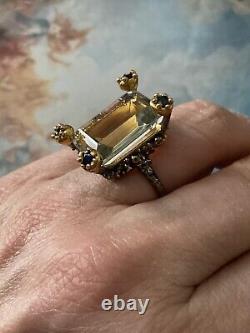 Huge Ancient Ring with Beautiful Topaz and Sapphire Set in Solid Gold and Silver