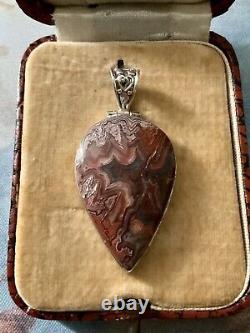 Huge Antique Pendant in Genuine Agate and Solid Silver, Very Beautiful