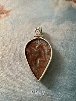 Huge Antique Pendant in Genuine Agate and Solid Silver, Very Beautiful