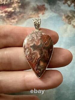 Huge Antique Pendant in Genuine Agate and Solid Silver, Very Beautiful