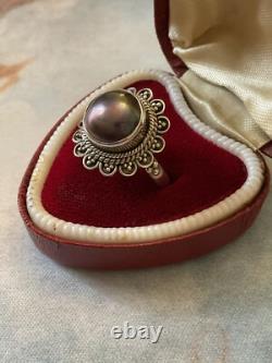 Huge Tahitian Gray Pearl, Solid Silver, Beautiful Antique Ring