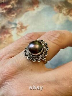 Huge Tahitian Gray Pearl, Solid Silver, Beautiful Antique Ring