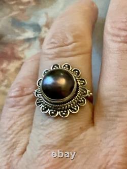 Huge Tahitian Gray Pearl, Solid Silver, Beautiful Antique Ring