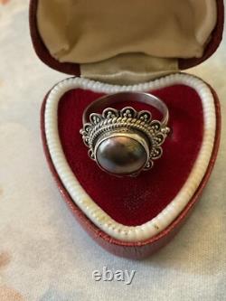 Huge Tahitian Gray Pearl, Solid Silver, Beautiful Antique Ring