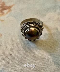 Huge Tahitian Gray Pearl, Solid Silver, Beautiful Antique Ring