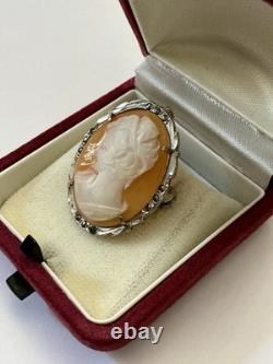 ITALIAN CAMEO ANTIQUE BROOCH Solid Silver 800 MARCASITES ART DECO