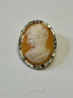 ITALIAN CAMEO ANTIQUE BROOCH Solid Silver 800 MARCASITES ART DECO