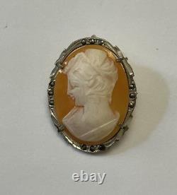 ITALIAN CAMEO ANTIQUE BROOCH Solid Silver 800 MARCASITES ART DECO