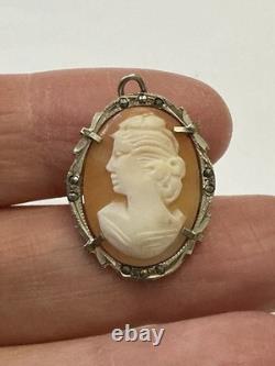 ITALIAN CAMEO ANTIQUE BROOCH Solid Silver 800 MARCASITES ART DECO Signed