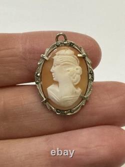 ITALIAN CAMEO ANTIQUE BROOCH Solid Silver 800 MARCASITES ART DECO Signed