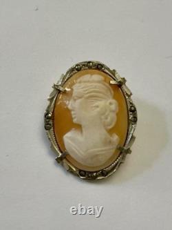 ITALIAN CAMEO ANTIQUE BROOCH Solid Silver 800 MARCASITES ART DECO Signed