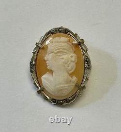ITALIAN CAMEO ANTIQUE BROOCH Solid Silver 800 MARCASITES ART DECO Signed