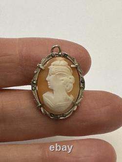 ITALIAN CAMEO ANTIQUE BROOCH Solid Silver 800 MARCASITES ART DECO Signed