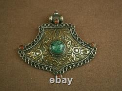 Important Ancient Silver Pendant Massif Tibetan Turquoise Coral Afghan