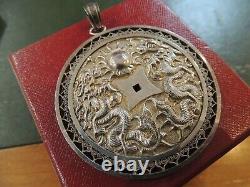 Important Antique Pendant Engraved In Solid Silver With Asian Symbols