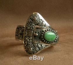 Important Old Cuff Bracelet In Sterling Silver & Stone China Indochina