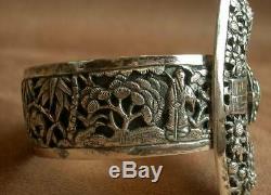 Important Old Cuff Bracelet In Sterling Silver & Stone China Indochina