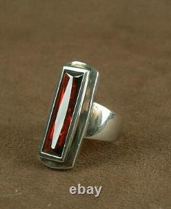 Important Old Ring Tank In Silver Massive Sertie Grosse Pierre Red