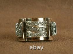 Important Tank Ring Ancient Art Deco Silver And Gold Massive White Stones