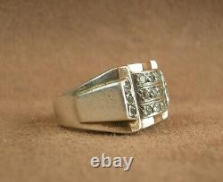 Important Tank Ring Ancient Art Deco Silver And Gold Massive White Stones