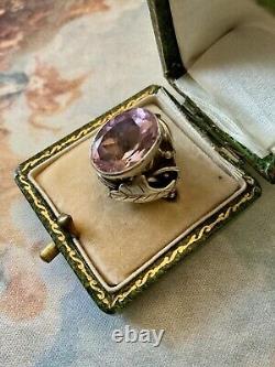 Impressive ROSE TOPAZ, SOLID SILVER, BEAUTIFUL ANTIQUE RING, HAND CARVED