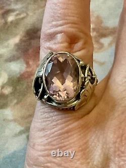 Impressive ROSE TOPAZ, SOLID SILVER, BEAUTIFUL ANTIQUE RING, HAND CARVED