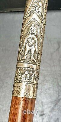 India Ancienne Canne Pommeau Argent Massif Indian Silver Cane Xixeme