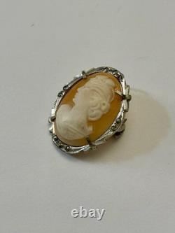 Italian antique brooch cameo, solid silver 800, marcasites, Art Deco, signed