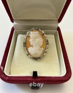 Italian antique brooch cameo, solid silver 800, marcasites, Art Deco, signed