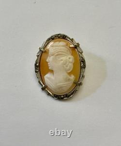 Italian antique brooch cameo, solid silver 800, marcasites, Art Deco, signed