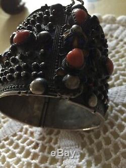 Kabyle Old Bracelet Silver And Enamel Coral Nineteenth. Ethnic