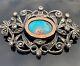 Large Vintage Solid Silver, Yellow Gold, And Turquoise Brooch, Marcasite