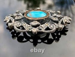 LARGE VINTAGE SOLID SILVER, YELLOW GOLD, AND TURQUOISE BROOCH, MARCASITE