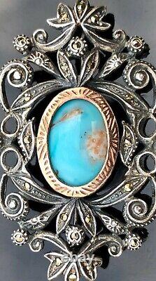 LARGE VINTAGE SOLID SILVER, YELLOW GOLD, AND TURQUOISE BROOCH, MARCASITE