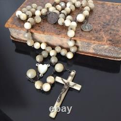 Large Antique Rosary Mother of Pearl and Solid Silver 19th Century