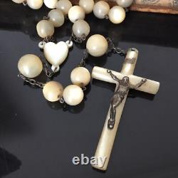 Large Antique Rosary Mother of Pearl and Solid Silver 19th Century