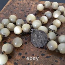 Large Antique Rosary Mother of Pearl and Solid Silver 19th Century
