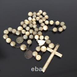 Large Antique Rosary Mother of Pearl and Solid Silver 19th Century