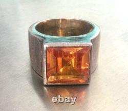 Large Antique Solid Silver Ring – Imperial Topaz – Size 52 Signet Ring – Art Deco – 925