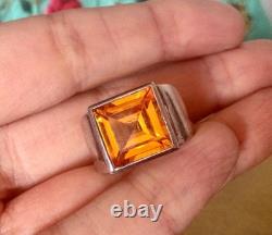 Large Antique Solid Silver Ring – Imperial Topaz – Size 52 Signet Ring – Art Deco – 925