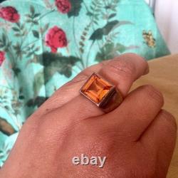 Large Antique Solid Silver Ring – Imperial Topaz – Size 52 Signet Ring – Art Deco – 925